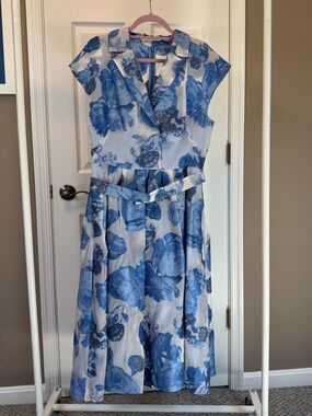 Lela Rose Blue Midi Skirt Dress w/Adjustable Belt